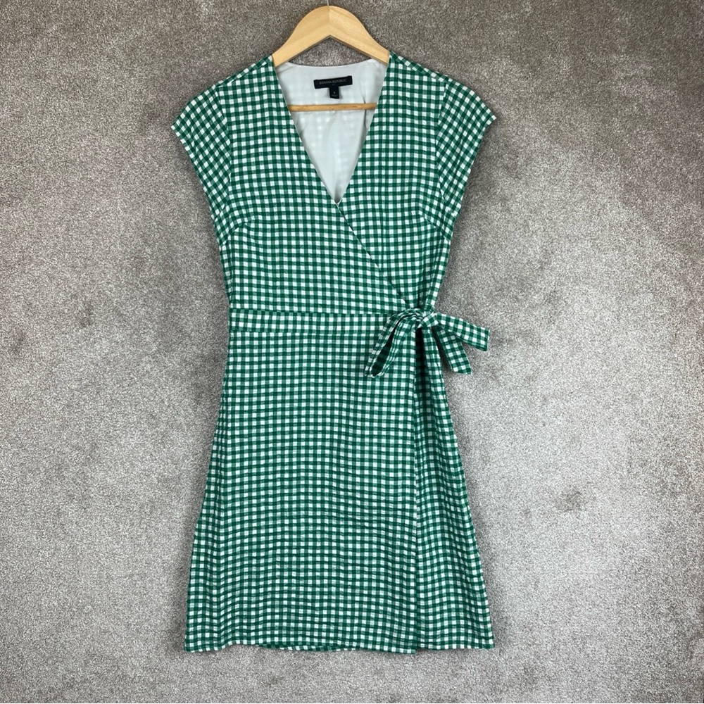 Banana Republic Wrap Dress Womens 4 Green Seersucker Cotton Blend Side Tie-2341*
